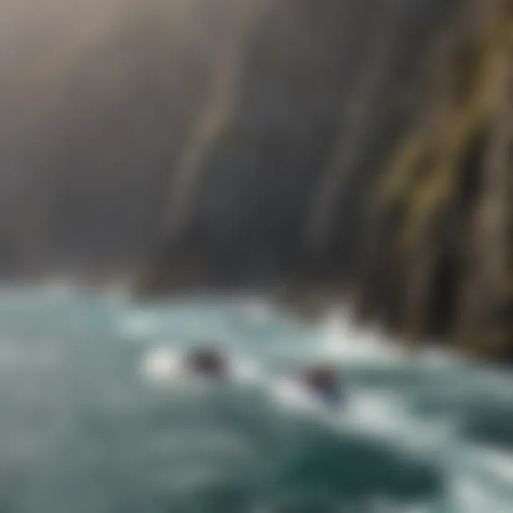 Adventurers enjoying watersports against a backdrop of stunning cliffs