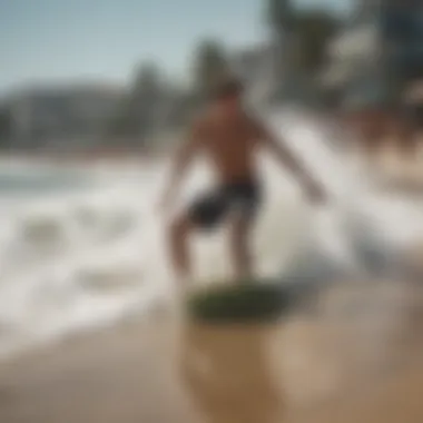 A vibrant beach scene with skimboarders and spectators