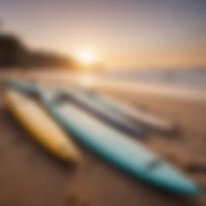 Surfboards lined up on the beach at sunrise