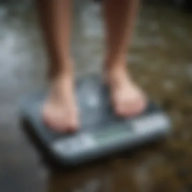 An athlete measuring their hydration level using a digital scale.