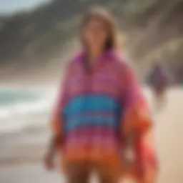 A vibrant beach scene showcasing various poncho designs.