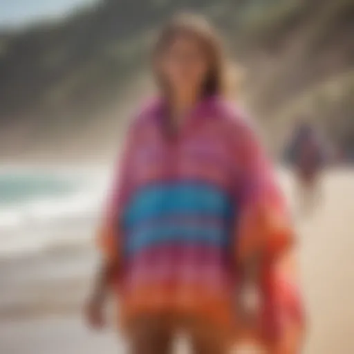 A vibrant beach scene showcasing various poncho designs.