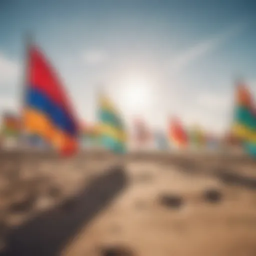 A set of colorful beach flags fluttering in the wind