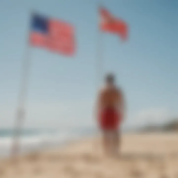 Lifeguard observing the beach with flags displayed prominently