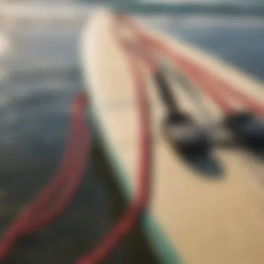 A close-up view of a surfboard leash attached to a board