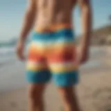 Stylish board shorts with Velcro fly showcased on a beach