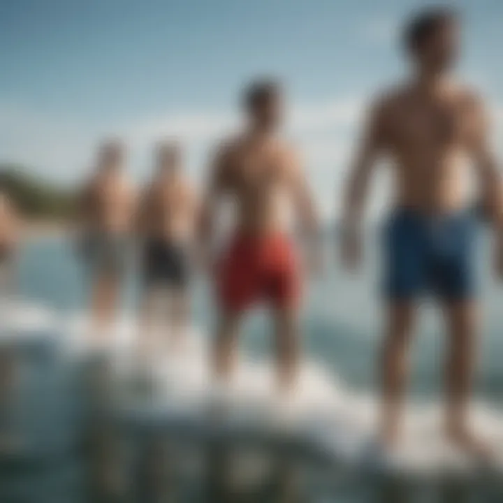 Group of athletes enjoying water sports in board shorts