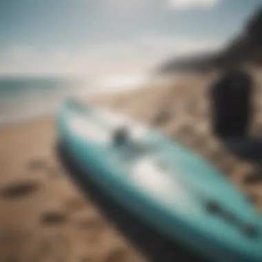 Essential paddle board accessories displayed on the beach