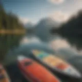 A serene lake scene with a variety of paddle boards on the water