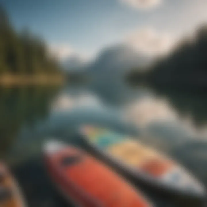 A serene lake scene with a variety of paddle boards on the water