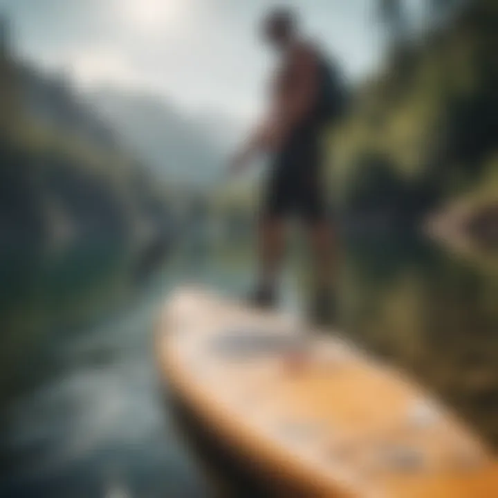 A person measuring paddle length on a calm lake.