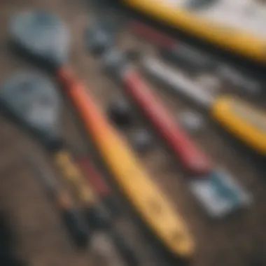 Paddles arranged neatly, highlighting maintenance tools beside them.