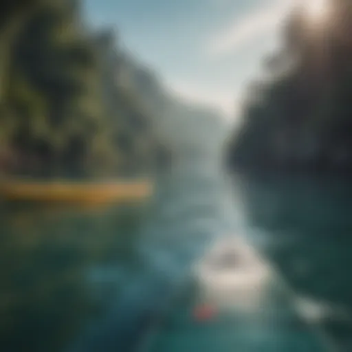 A variety of paddle shapes displayed against a serene water backdrop.