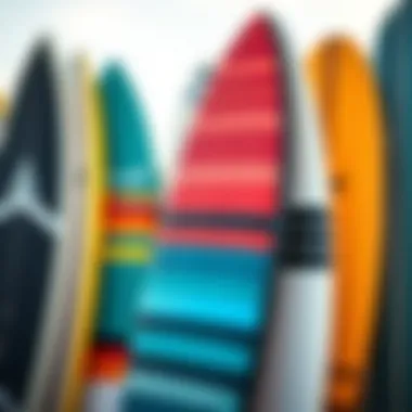 Diverse Designs of Foam Surfboards A close-up of different foam surfboards showcasing various designs and colors
