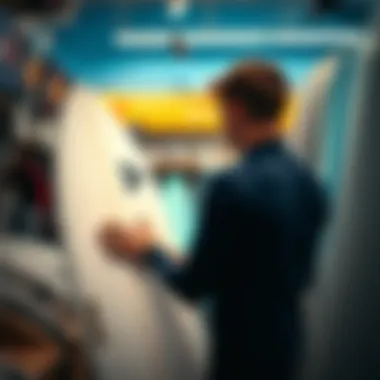 A surfer examining a foam surfboard at a shop, contemplating his purchase