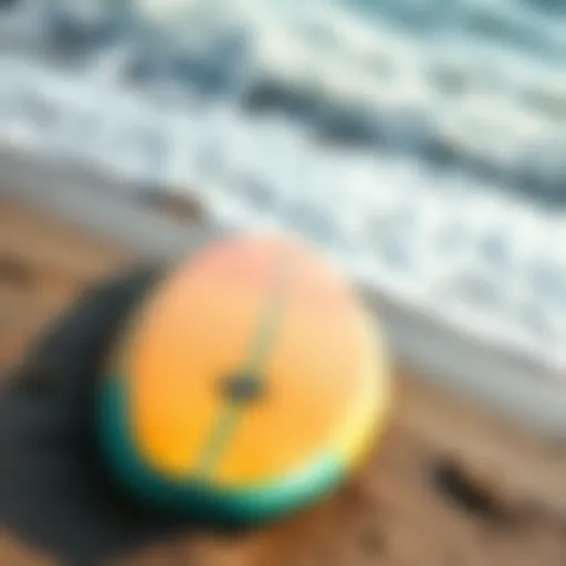 A vibrant foam surfboard resting on the beach with waves in the background