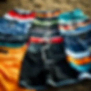 Diverse styles of board shorts arranged together