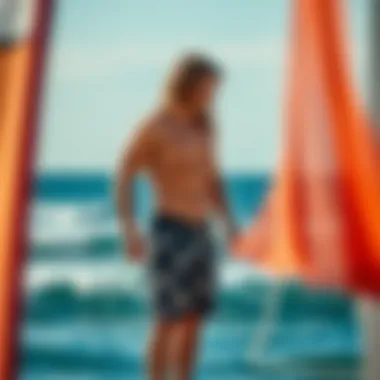 Trendy Board Shorts with Ocean View Trendy board shorts modeled against a beautiful ocean backdrop