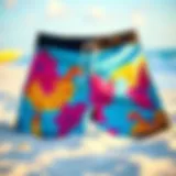 Vibrant board shorts displayed on a sandy beach