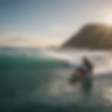 A vibrant beach scene featuring riders enjoying bodyboarding waves