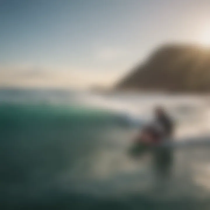 A vibrant beach scene featuring riders enjoying bodyboarding waves