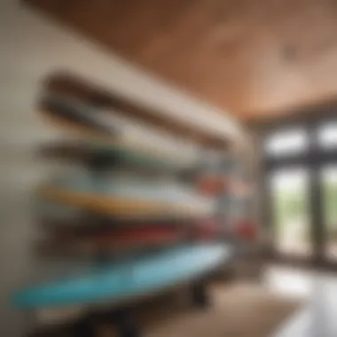 Close-up of surfboards neatly stored on a ceiling mounted rack