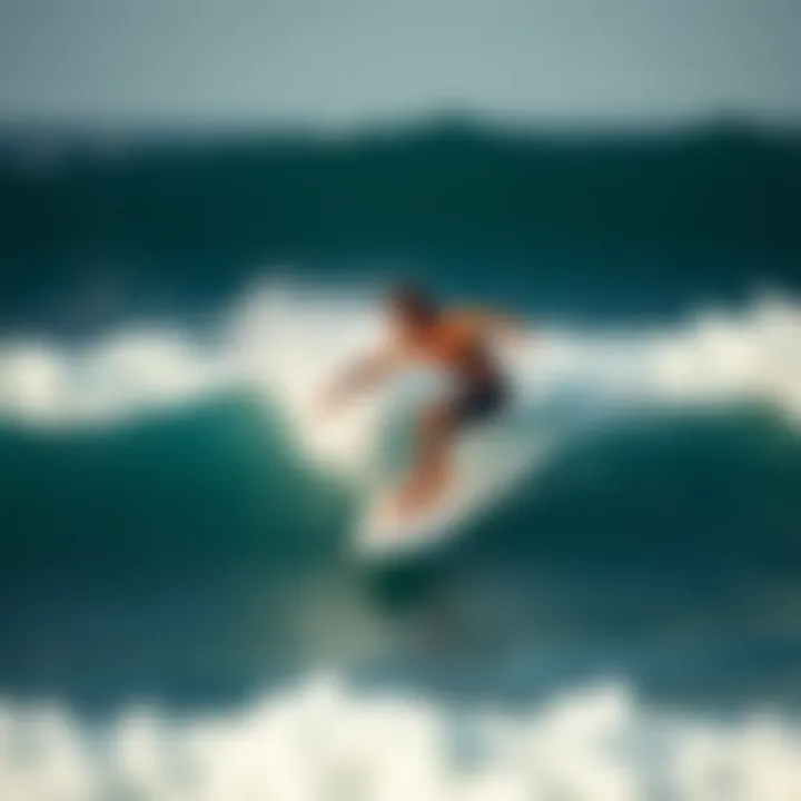 Surfer enjoying a perfect wave on a 10ft foam surfboard
