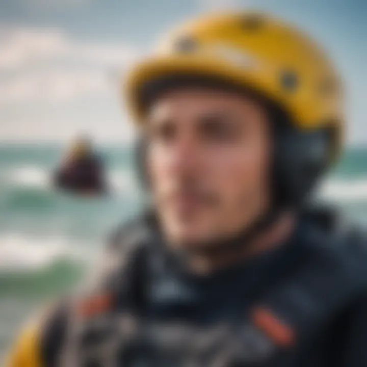 Close-up of essential safety gear for kitesurfing, including helmets and impact vests.