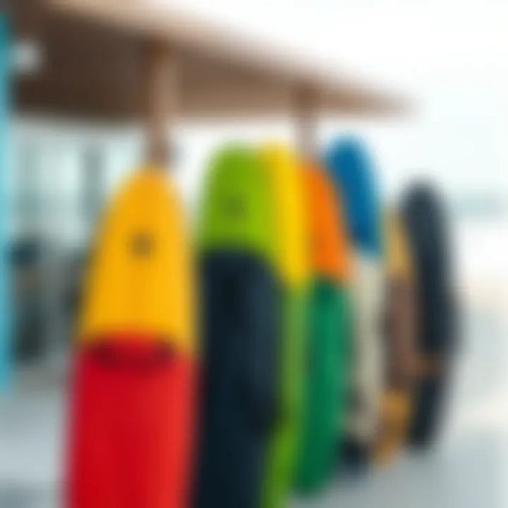 Different sizes of padded surfboard bags lined up