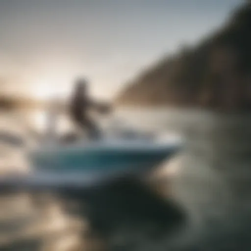 A sleek wakeboard boat gliding over calm waters