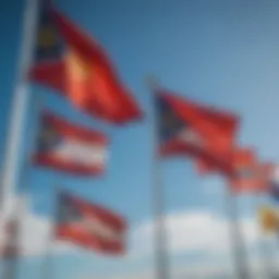 A vibrant display of various marine flags fluttering against a clear blue sky