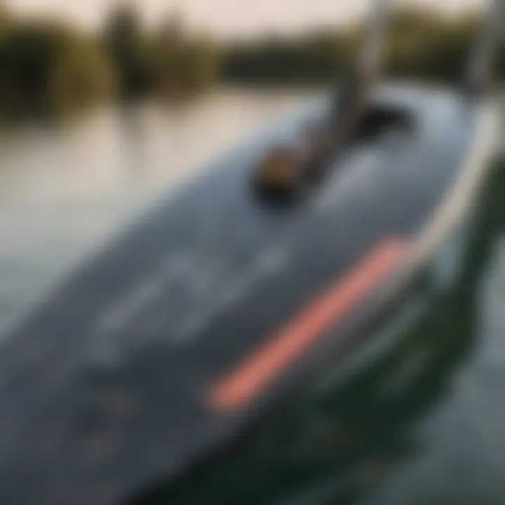 A close-up of a wakeboard with detailed measurements showing height and width specifications