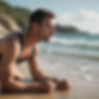 An athlete practicing diaphragmatic breathing on a beach