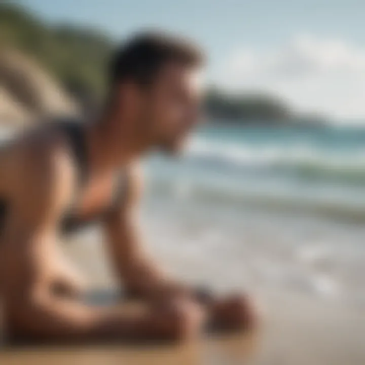 An athlete practicing diaphragmatic breathing on a beach