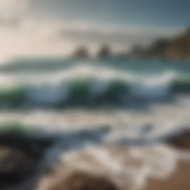 A photograph capturing a serene coastal landscape with waves lapping at the shore.