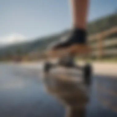 A close-up view showcasing the deck flexibility of a longboard