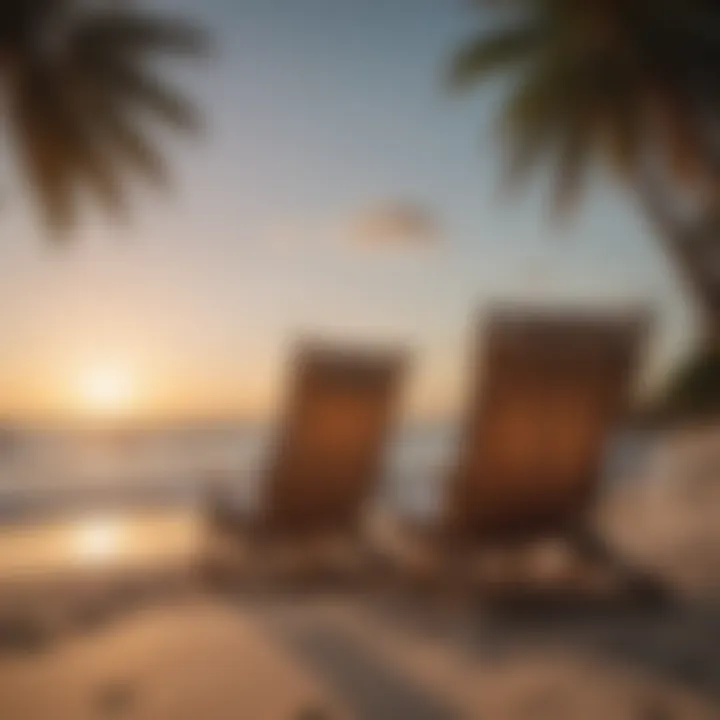 A serene sunset view at the beach with cover ups elegantly draped over lounge chairs.