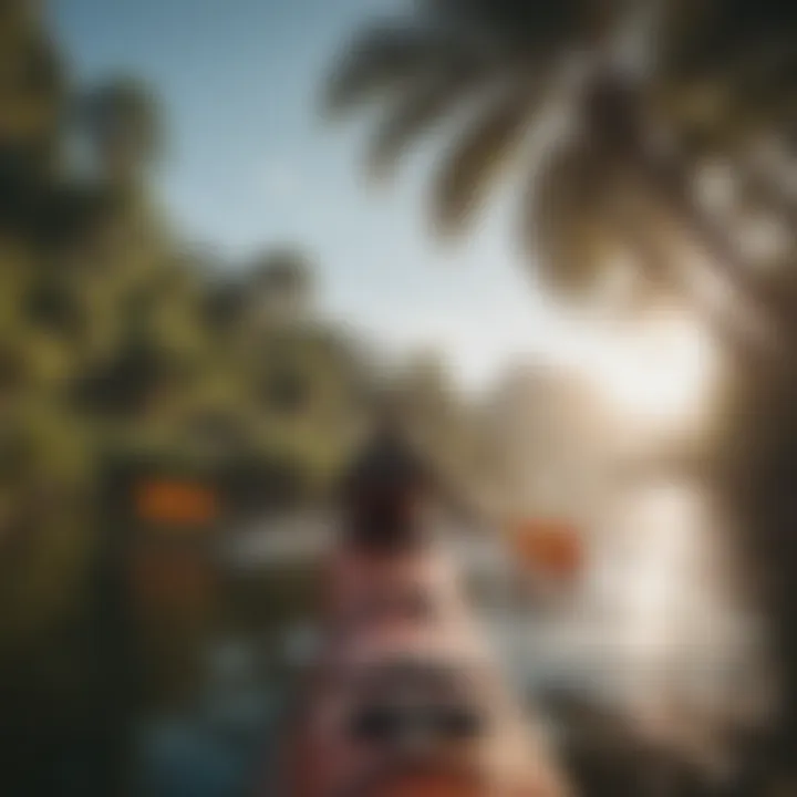 A vibrant scene of a kayaker navigating through calm waters under a bright sun.