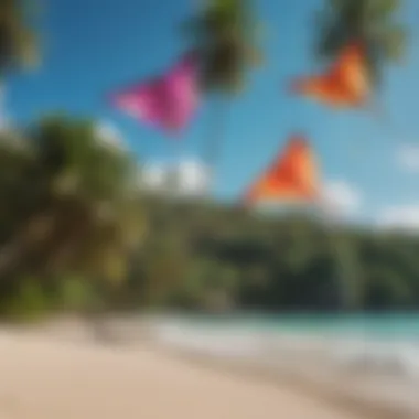 Vibrant kites fluttering against a backdrop of tropical scenery