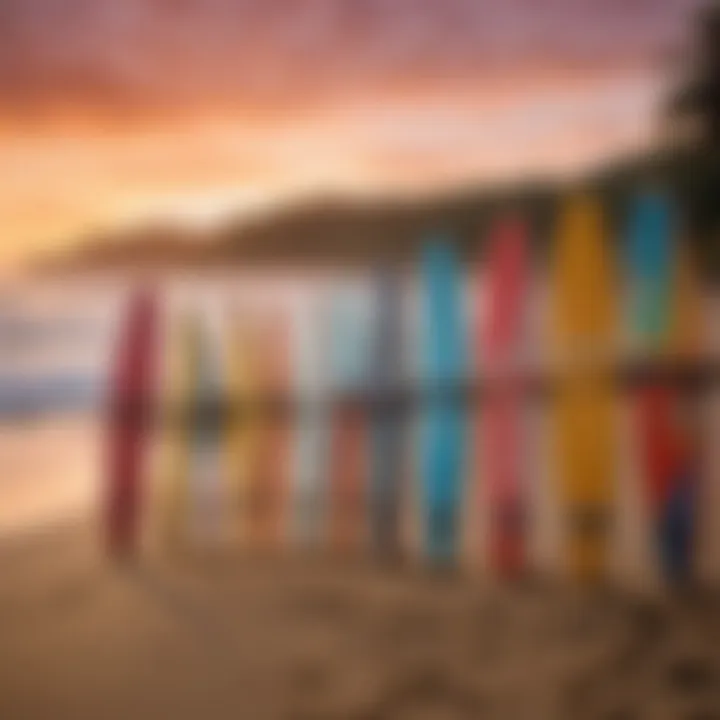 Colorful surfboards lined up against a picturesque sunset backdrop