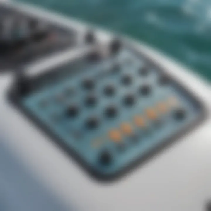 Close-up of the control panel on an electric inflatable paddle board highlighting its technological advancements.