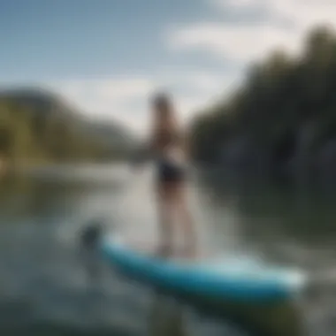 Dynamic view of an electric inflatable paddle board on the water showcasing its streamlined design and features.