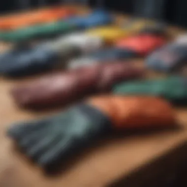 An array of colorful full finger sailing gloves displayed on a wooden table