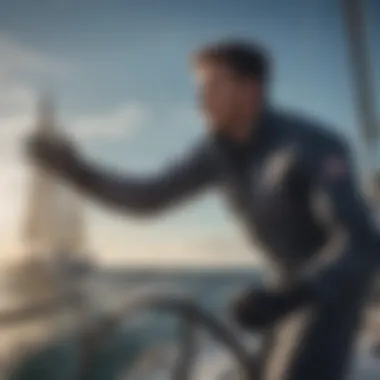 A sailor wearing full finger gloves while steering a sailboat under clear skies