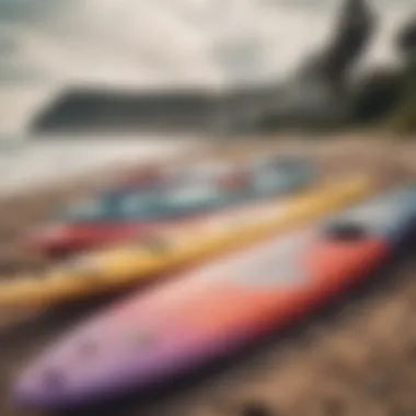 Colorful fun board surfboards displayed on the beach