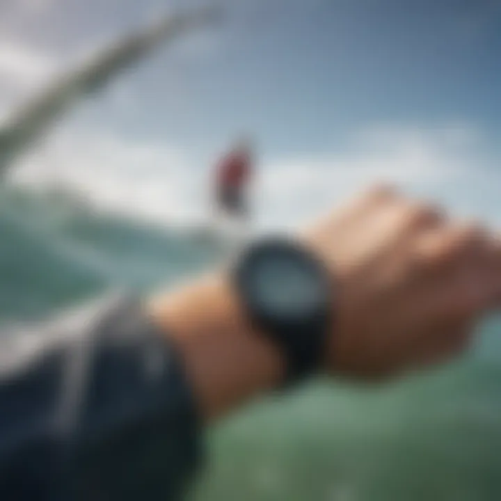 Surfer using Garmin watch in the ocean