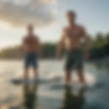 A serene water scene featuring enthusiasts wearing Bertha board shorts