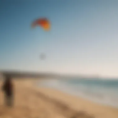 A scenic view of a kite flying event with enthusiasts practicing their tricks