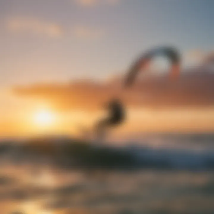 Kitesurfers navigating the waves during sunset