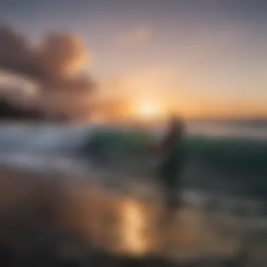 A vibrant sunset over the ocean, creating a stunning backdrop for surfers heading out for an evening session.